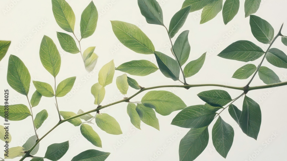 A delicate branch with green leaves against a white background. A delicate branch with green leaves against a white background.