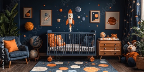 Fototapeta Naklejka Na Ścianę i Meble -  A modern nursery decorated with a space theme. The walls are dark blue with planets and stars, while the crib is navy blue with wooden legs. 