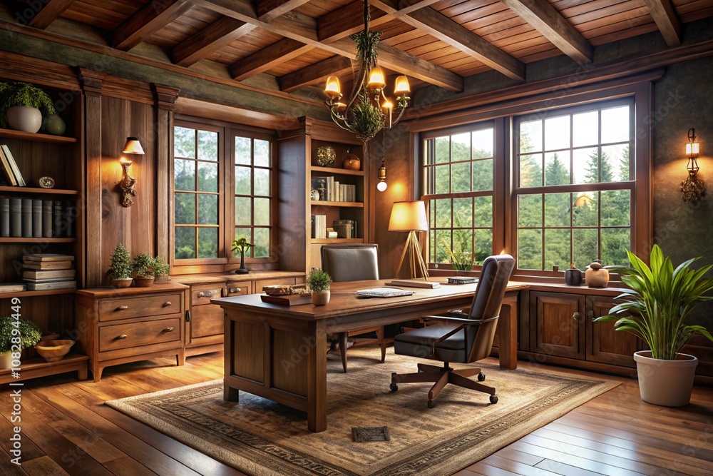 Luxurious home office, rustic wooden interior, large windows with nature view, ornate desk, leather chair, chandelier, bookshelves, warm lighting, cozy atmosphere, hardwood floors, potted plants, eleg Luxurious home office, rustic wooden interior, large windows with nature view, ornate desk, leather chair, chandelier, bookshelves, warm lighting, cozy atmosphere, hardwood floors, potted plants, eleg