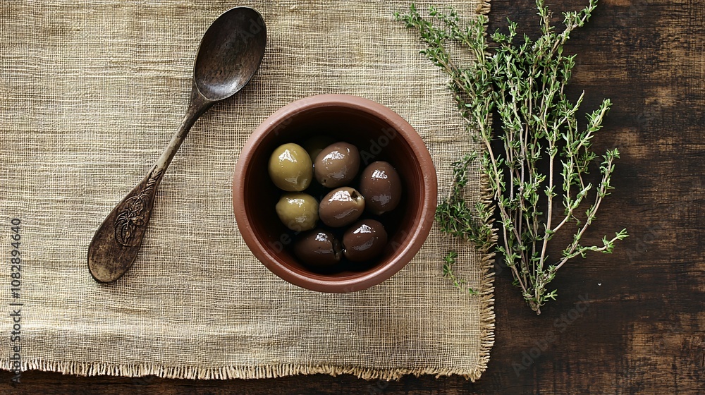 Olives in a small clay bowl on a burlap cloth, surrounded by sprigs of rosemary, thyme, and an antique spoon Olives in a small clay bowl on a burlap cloth, surrounded by sprigs of rosemary, thyme, and an antique spoon