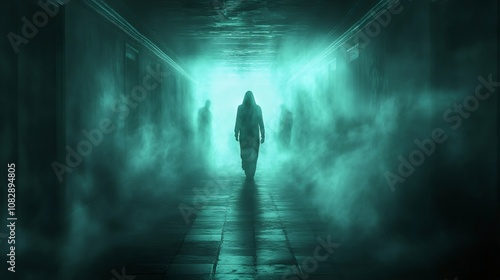 haunted hallway, a man in a deserted hallway, hearing eerie whispers and catching glimpses of shadowy figures lurking in the corners