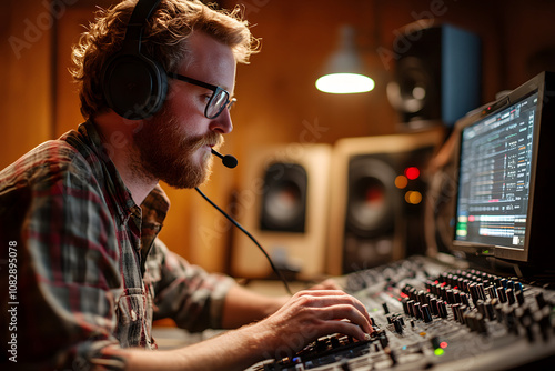 Reporter doing a radio show in a studio. Radio concept.