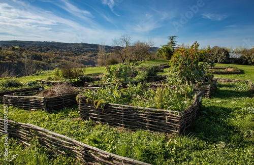 The dtraditional garden beds of the Chateau de Pagax with ancient plants photo