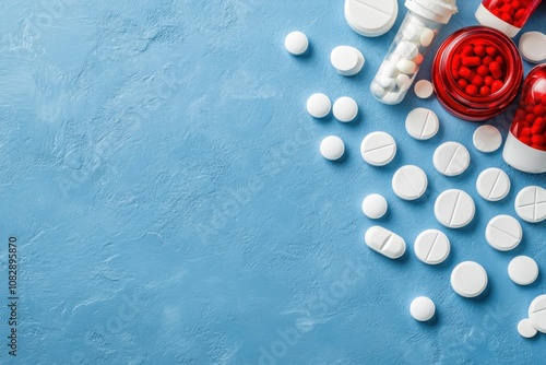 Assorted pills and medication bottles arranged on a blue background for health and wellness themes photo