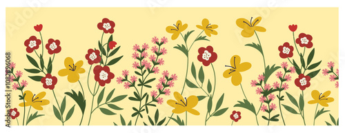 Spring and summer garden flowers in border with floral pattern. Wild flowers growth on meadows or fields, botanical texture on yellow background in modern naive style cartoon vector illustration