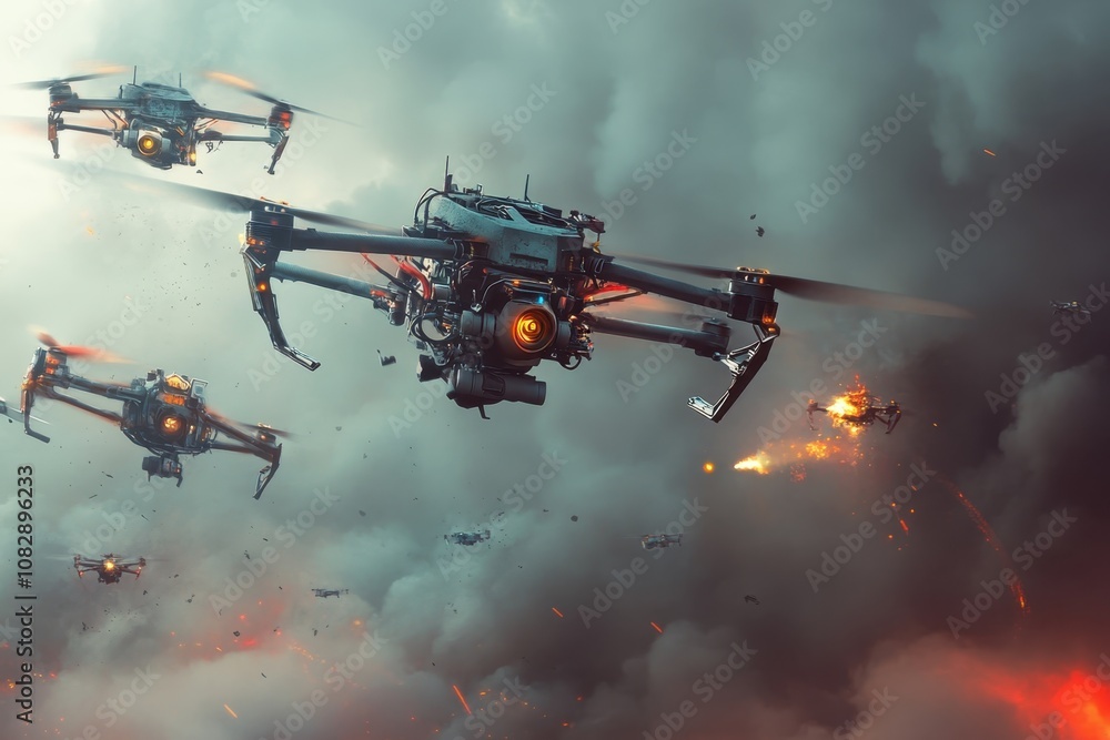 A fleet of drones engages in aerial combat amid dark clouds and explosions during a war scenario A fleet of drones engages in aerial combat amid dark clouds and explosions during a war scenario