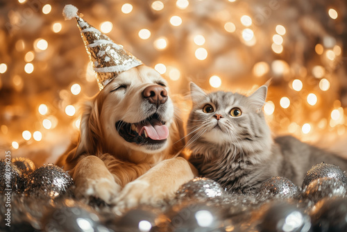 A dog and a cat celebrating the new year.