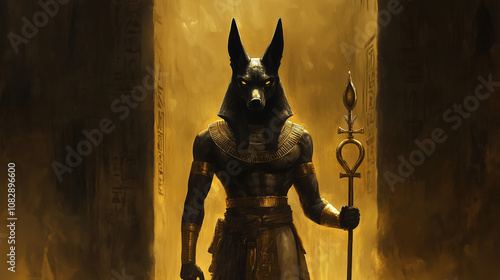 Anubis, the jackal-headed god, standing in a dimly lit tomb, holding a golden ankh in one hand and a staff in the other photo