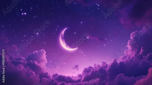 A Crescent Moon and Stars Shine Through Purple Clouds in a Night Sky