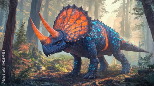 A majestic blue and orange dinosaur stands in a foggy forest, its horns and frill glowing with an ethereal light. photo