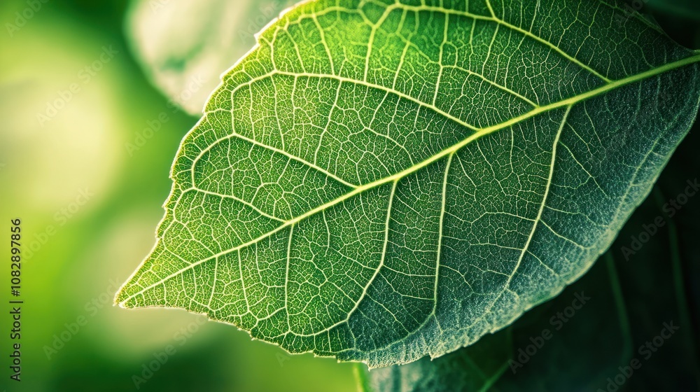 Close-up of green leaf with intricate vein structure in sunlight Close-up of green leaf with intricate vein structure in sunlight