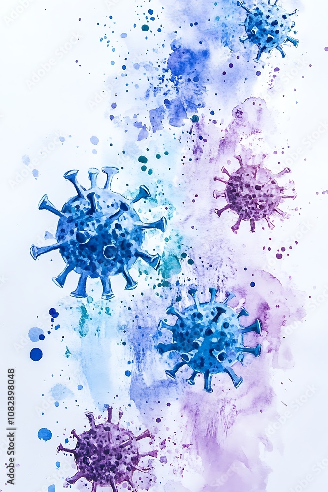 Naklejka premium watercolor abstract virus bacteria shapes background, seasonal infections diseases, importance of vaccine, bacteria protection, health concept wallpaper, coronavirus covid virology wallpaper