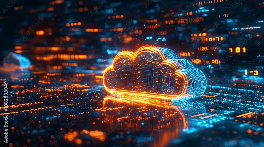 A glowing orange cloud icon sits on a digital circuit board with blue and orange lights reflecting off the surface. The cloud is made of digital lines and sparkles with light. . A glowing orange cloud icon sits on a digital circuit board with blue and orange lights reflecting off the surface. The cloud is made of digital lines and sparkles with light. .
