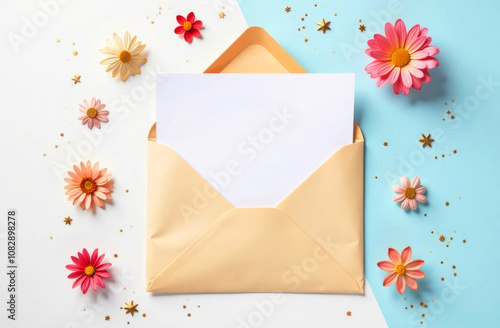 An open envelope reveals blank stationery, with vibrant flowers and stars adding a whimsical touch to the composition photo