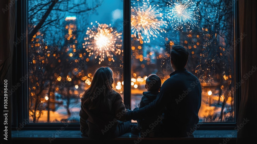 Family watching fireworks through window Family watching fireworks through window