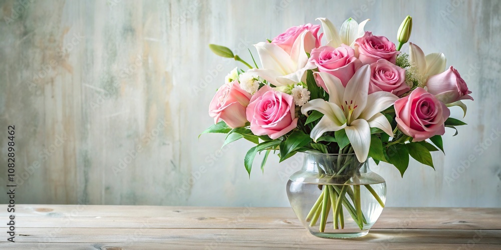Bouquet of pink roses and white lilies in a beautiful glass container, glass vase, pretty, container Bouquet of pink roses and white lilies in a beautiful glass container, glass vase, pretty, container