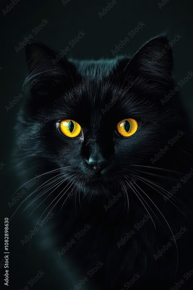 Captivating Black Cat with Glowing Yellow Eyes in Mystical Portrait Captivating Black Cat with Glowing Yellow Eyes in Mystical Portrait