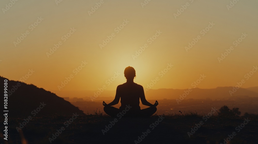 A person sits in a meditative pose, silhouetted against the warm colors of a stunning sunset, embracing tranquility. Generative AI A person sits in a meditative pose, silhouetted against the warm colors of a stunning sunset, embracing tranquility. Generative AI