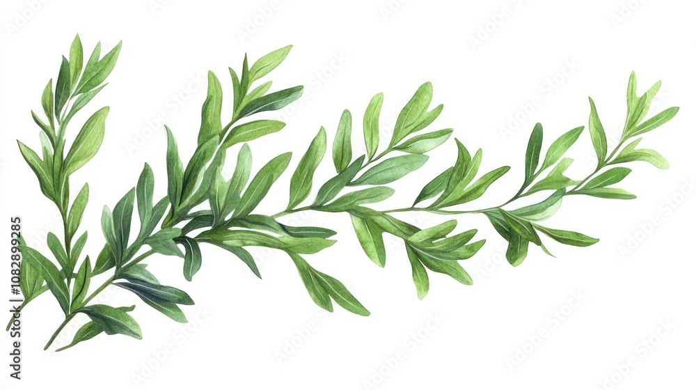 Naklejka premium Lush green foliage branch with vibrant leaves isolated on a white background.