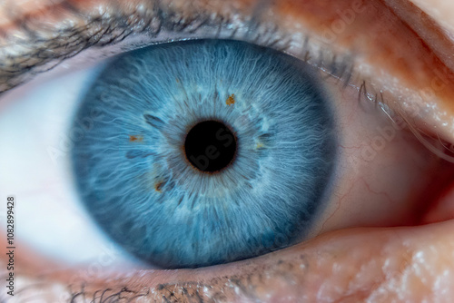 Macro image of a human eye with a pale blue iris and distinct brown flecks scattered throughout, highlighting the eye's natural texture and unique color combination...