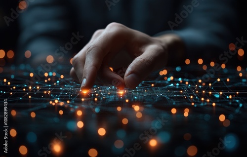 Close-up of a hand interacting with a glowing digital network.