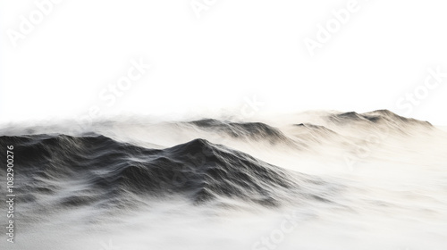 The wind blows fiercely, forming intricate patterns in the sand and dust against the pale setting. photo