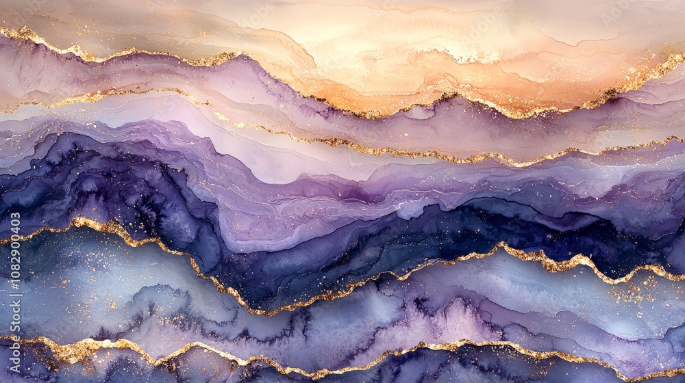 Abstract artwork featuring flowing layers of purple and gold hues. Abstract artwork featuring flowing layers of purple and gold hues.