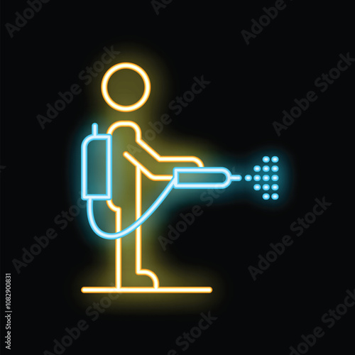 Neon icon of an exterminator wearing a protective suit and mask spraying insecticide