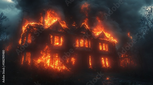 Smoke billowing over house consumed by intense flames and heat picture