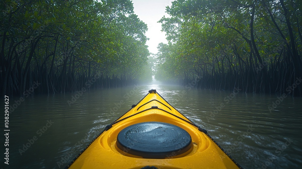 Fototapeta premium Kayaking through a Misty Mangrove Forest