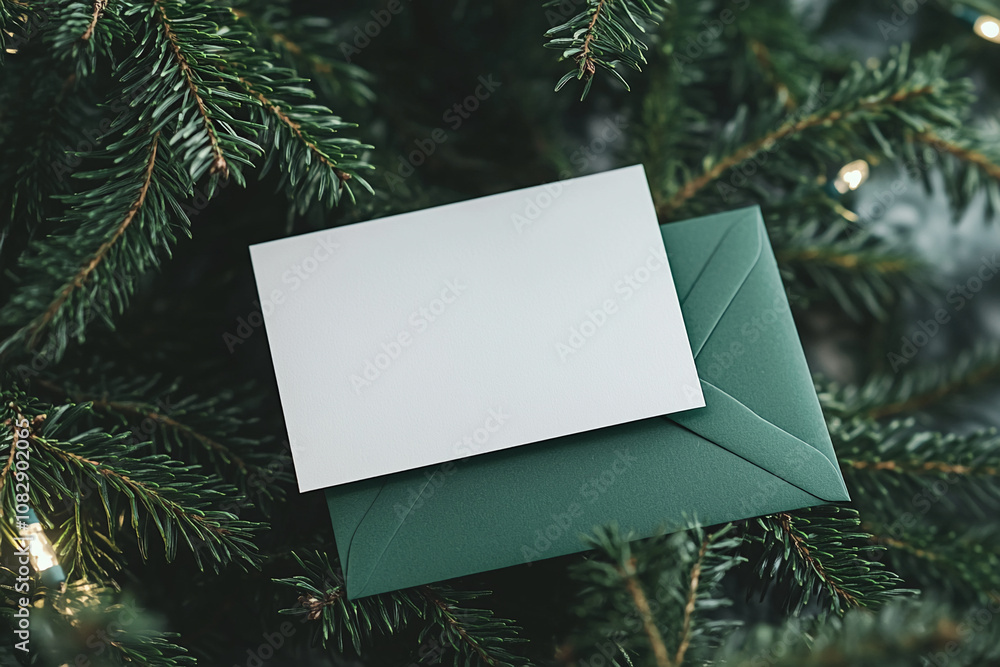 A simple white card sits in a dark green envelope, placed gently within the boughs of a lush evergreen tree A simple white card sits in a dark green envelope, placed gently within the boughs of a lush evergreen tree