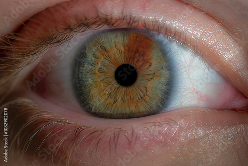 Close-up macro shot of a human eye with a green and yellow iris, featuring a touch of brown, showcasing fine details and natural texture...