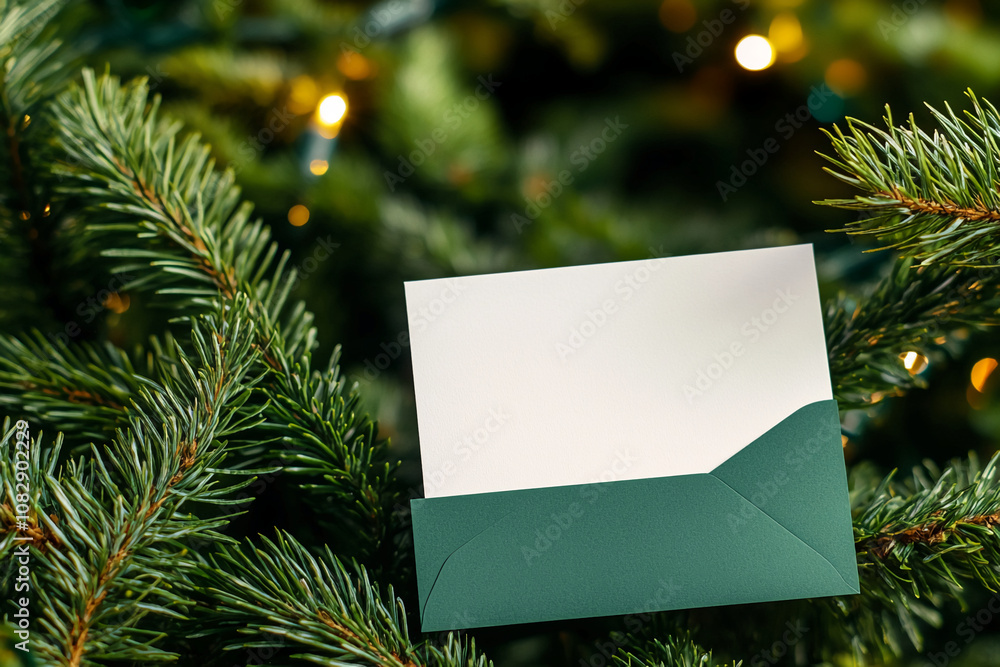 A Christmas tree's lush green branches frame a simple, elegant white card inside a deep green envelope A Christmas tree's lush green branches frame a simple, elegant white card inside a deep green envelope