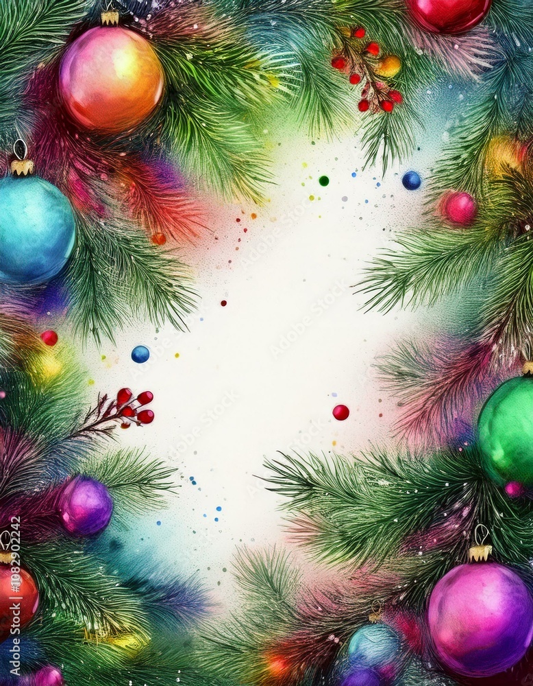 Marco navideño colorido, con ramas de arbol de navidad, bolas y luces de colores, espacio para texto