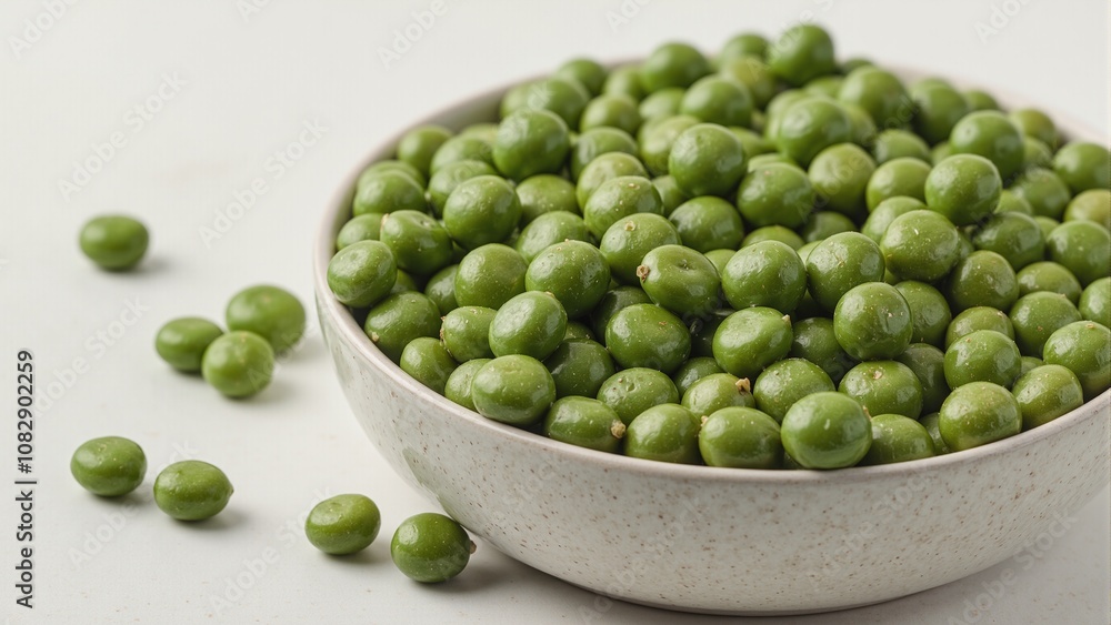 Fresh raw mung beans close up in shades of green scattered in a ceramic bowl on neutral backdrop Fresh raw mung beans close up in shades of green scattered in a ceramic bowl on neutral backdrop