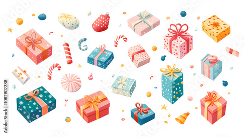 Flat vector set of Christmas and New Year gift elements, with wrapped presents, ornaments, and bows on a white background photo