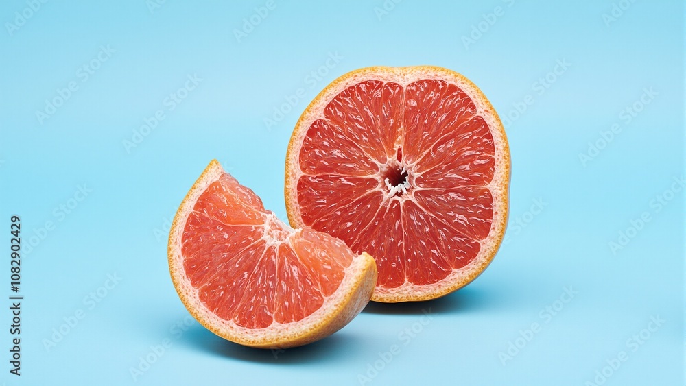 Fresh grapefruit with vibrant red flesh on blue background Fresh grapefruit with vibrant red flesh on blue background
