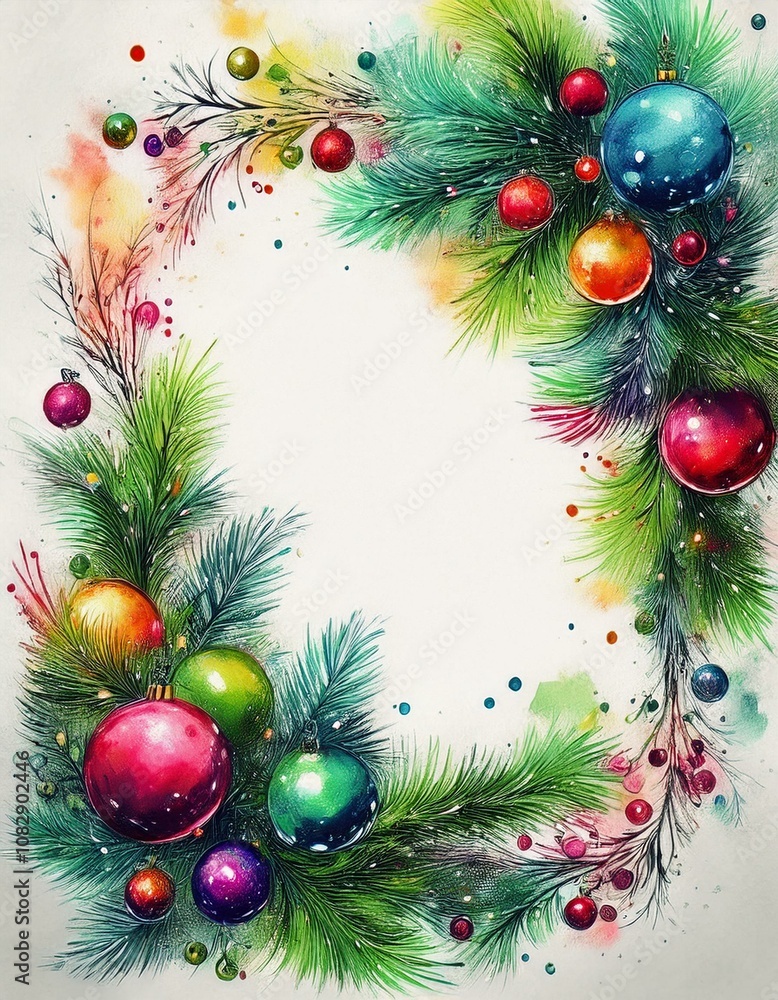 Marco navideño colorido, con ramas de arbol de navidad, bolas y luces de colores, espacio para texto Marco navideño colorido, con ramas de arbol de navidad, bolas y luces de colores, espacio para texto