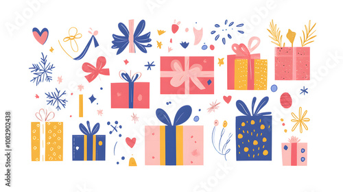 Vector illustration of multiple holiday gift boxes in various sizes with colorful wrapping paper and ribbons on a plain white background, 2D style photo