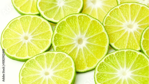 Fresh lime slices arranged in a circular pattern on white