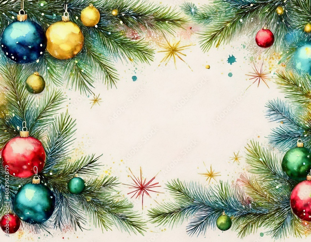 Marco navideño colorido, con ramas de arbol de navidad, bolas y luces de colores, espacio para texto Marco navideño colorido, con ramas de arbol de navidad, bolas y luces de colores, espacio para texto