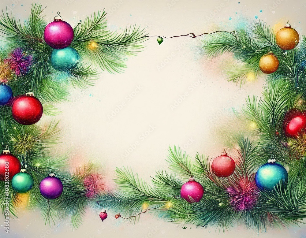 Marco navideño colorido, con ramas de arbol de navidad, bolas y luces de colores, espacio para texto Marco navideño colorido, con ramas de arbol de navidad, bolas y luces de colores, espacio para texto