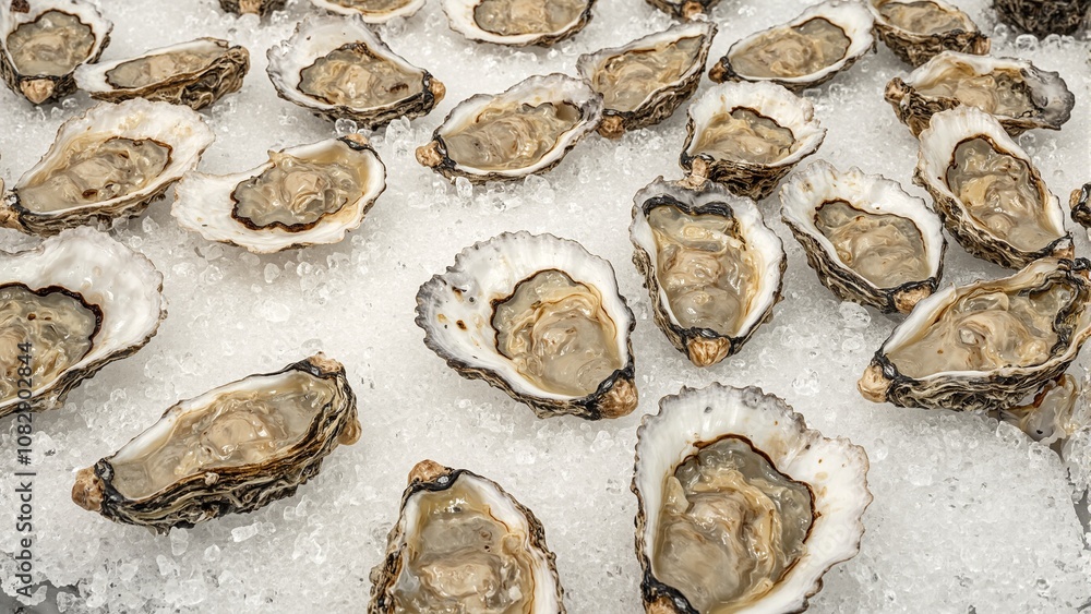 Plump oysters on ice ready for display Plump oysters on ice ready for display