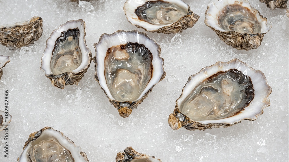 Plump oysters on ice ready for display Plump oysters on ice ready for display