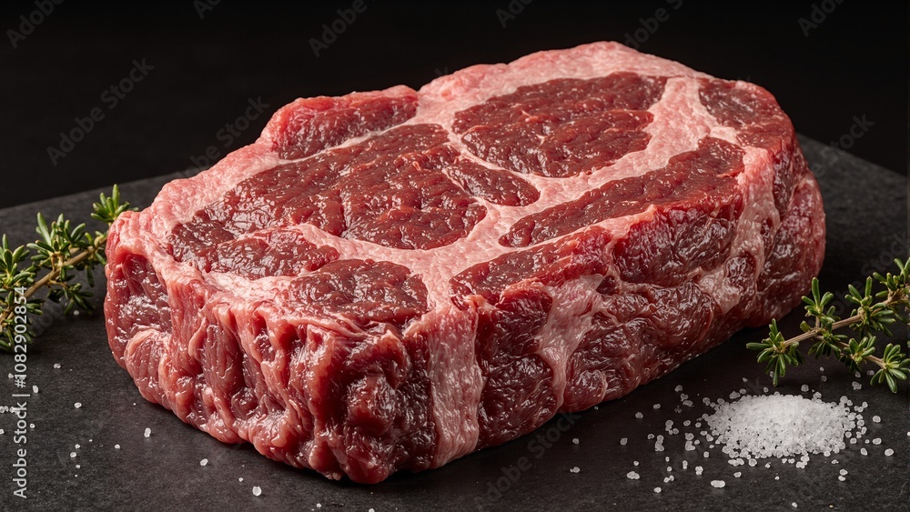 Juicy beef steak on cutting board with thyme and salt Juicy beef steak on cutting board with thyme and salt