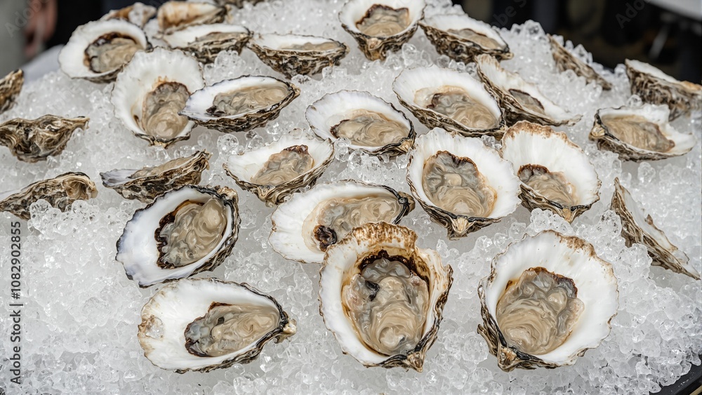 Plump oysters on ice ready for display Plump oysters on ice ready for display
