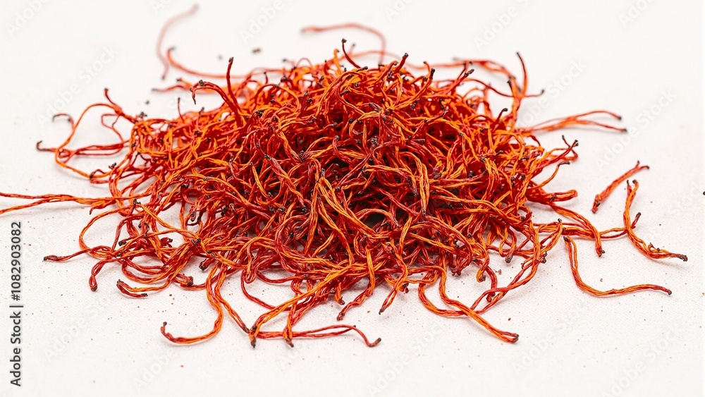 Fototapeta premium Vibrant saffron threads on white cloth showcasing their delicate texture