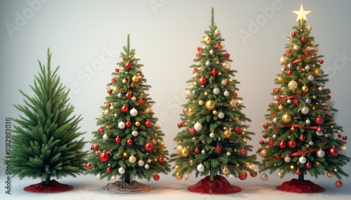 A charming display of four beautifully decorated Christmas trees stands in a row, each showcasing a unique style and festive spirit. From the simple elegance of the first tree to the dazzling