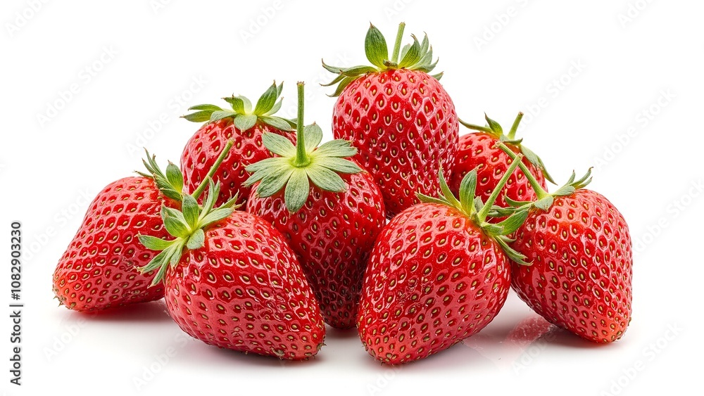 Ripe strawberries with stems and seeds on white background Ripe strawberries with stems and seeds on white background