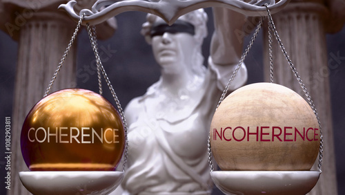 Coherence or Incoherence as a choice, two options to choose from. Greek statue presenting two alternatives: coherence or incoherence, weighing their values. Looking at pros and cons. ,3d illustration photo